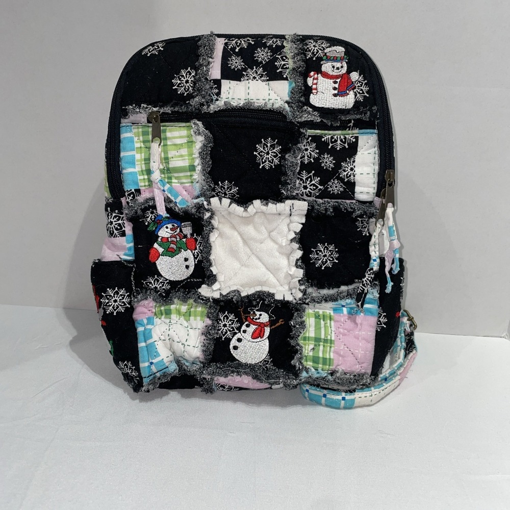 Handmade Quilted Patchwork Snowman Mini Backpack Winter Snowflake Rag Bag‎ Black